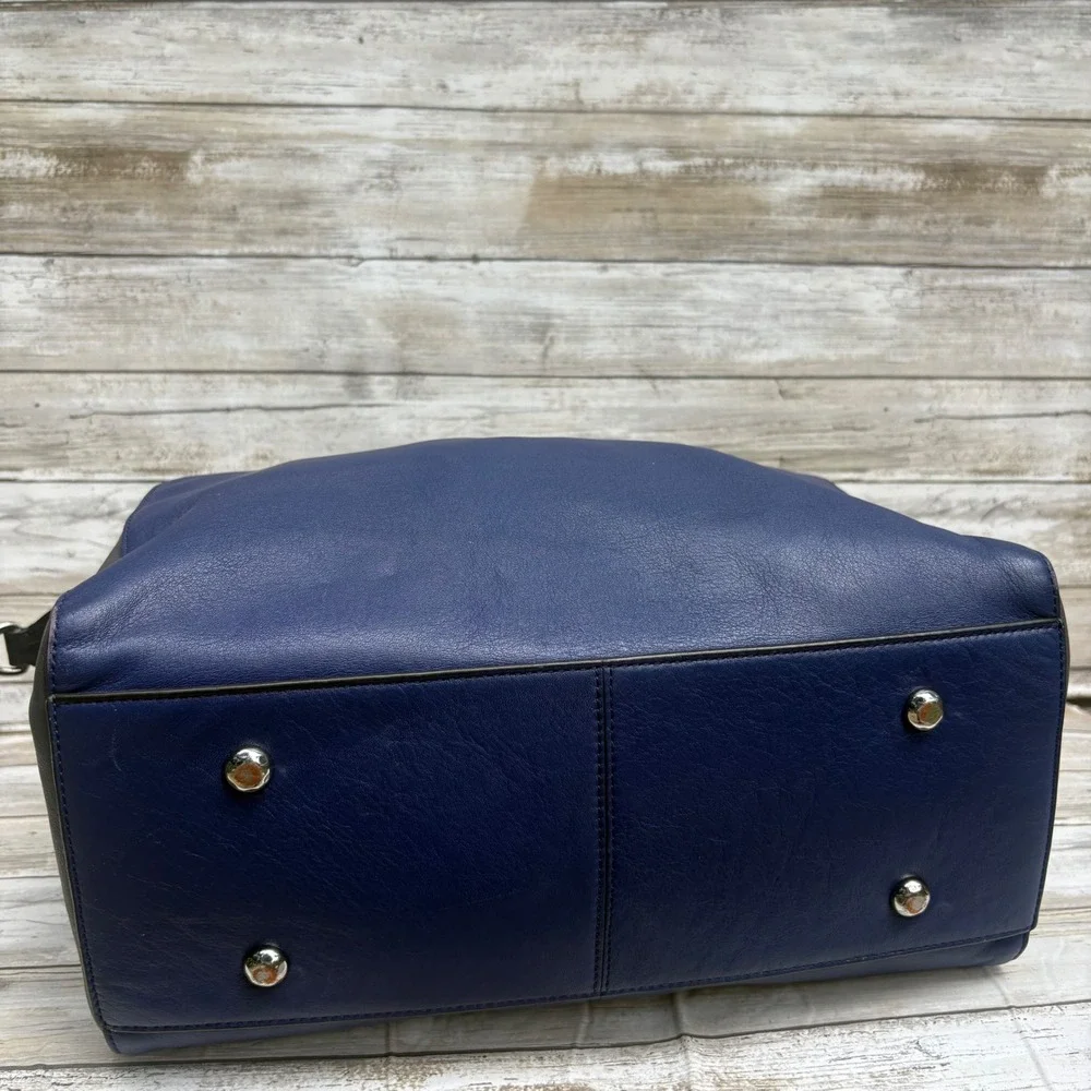 Karen Millen Satchel Bag OS Blue Black Leather Colorblock Tote Purse Quiet Luxuy